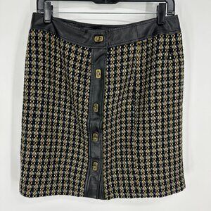 Talbots Plaid Mini Skirt 10P Wool Tweed Faux Leather Trim  Black Brown Vintage